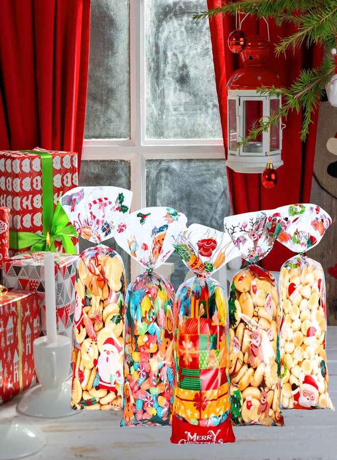 CUUSNNY 100 PCS Christmas Cellophane Treat Bags,9 Styles Clear Xmas Candy Goodie Bags with Twist Ties for Holiday Party Favors,Santa Claus Snowman Snowflake Gift Bags - Image 3
